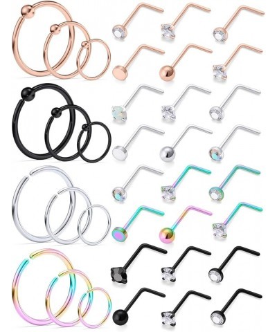 22G 20G 18G Nose Rings Studs 316L Surgical Steel Diamond Nose Ring Hoop L Shaped CZ Nose Nostril Piercing Jewelry for Men Wom...