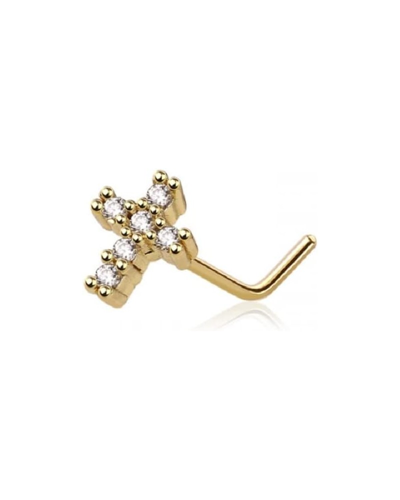 20GA 316L Stainless Steel CZ Crystal Paved Cross Top L-Bend Nose Stud Gold Tone $7.70 Body Jewelry