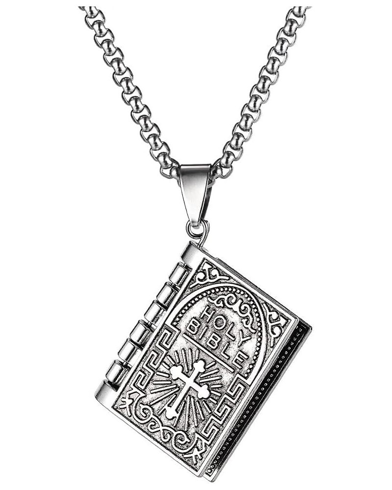 Silver Alloy Bible Book Pendant Stainless Steel Chain Necklace Mens Womens $6.62 Necklaces