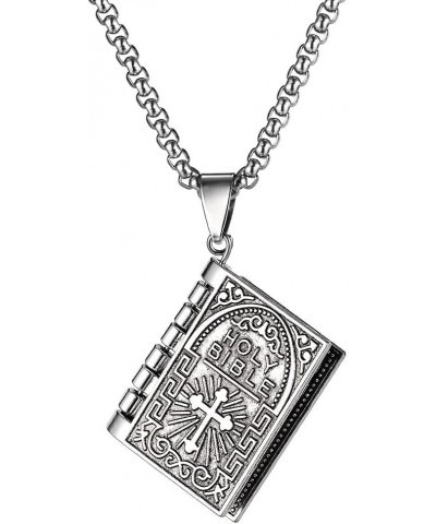 Silver Alloy Bible Book Pendant Stainless Steel Chain Necklace Mens Womens $6.62 Necklaces