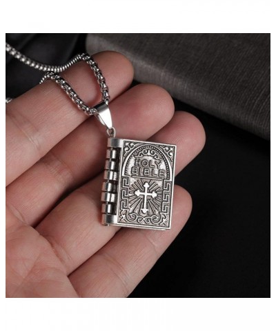 Silver Alloy Bible Book Pendant Stainless Steel Chain Necklace Mens Womens $6.62 Necklaces