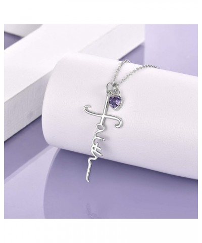 Faith Cross Necklace For Women Birthstone Sterling Silver with Simulated Birthstone Cross Jewelry Christian Gifts 02-February...