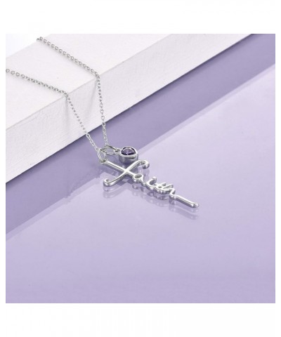 Faith Cross Necklace For Women Birthstone Sterling Silver with Simulated Birthstone Cross Jewelry Christian Gifts 02-February...