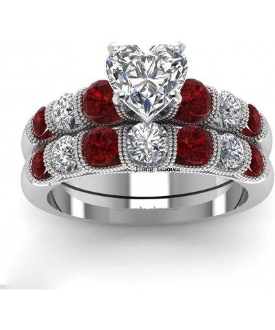 Wedding Ring Sets Bridal set 2 In 1 White Gold Plated Red Ruby Cubic Zirconia And Crystal Eternity Ring Anniversary Wedding E...