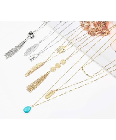 Fecsiory 12 Pcs Long Pendant Necklace for Women, Gold Bar Feather Triangle Leaf Lock Tassel Y Necklace Jewelry Set for Girls ...