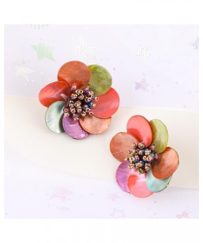 Colorful Red Flower Stud Earrings for Women Girls, Natural Shell Circles Floral Handcrafted Shell Disc Beads Earring Handmade...