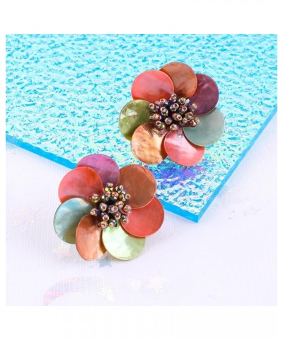 Colorful Red Flower Stud Earrings for Women Girls, Natural Shell Circles Floral Handcrafted Shell Disc Beads Earring Handmade...