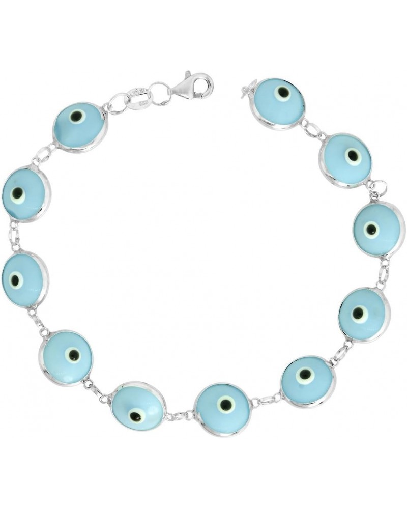 Sterling Silver Evil Eye Bracelet for Women and Girls 10 mm Glass Eyes Available Assorted Colors 7-8 inch Sky_Blue 7.0 Inches...