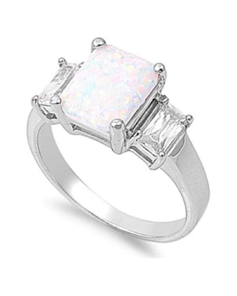 Princess Center Cubic Zirconia Simulated Opal Ring 925 Sterling Silver White Simulated Opal & Clear CZ's $15.10 Rings