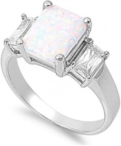 Princess Center Cubic Zirconia Simulated Opal Ring 925 Sterling Silver White Simulated Opal & Clear CZ's $15.10 Rings