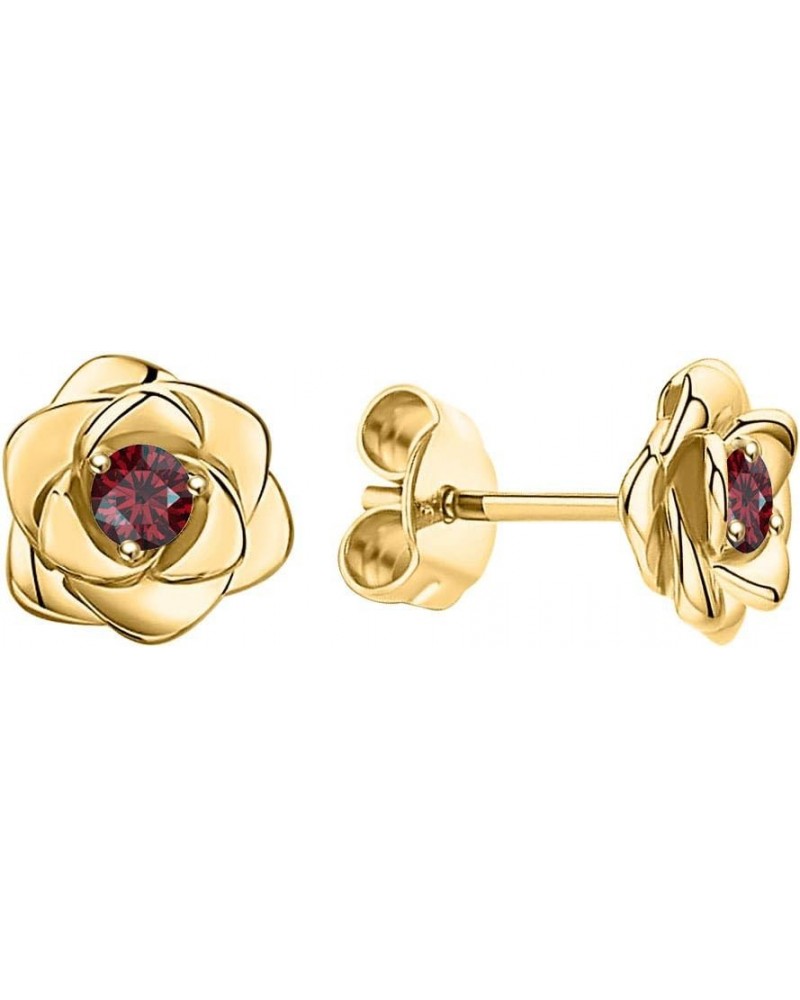 Beautiful 18K Gold Over .925 Sterling Silver Rose Flower Fashion Earring Studs for Women Girls, Red Garnet Earring yellow gol...