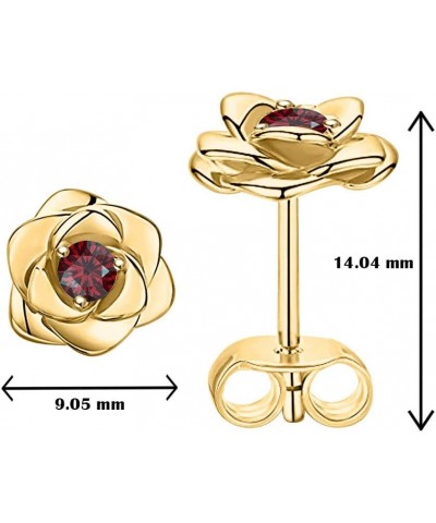 Beautiful 18K Gold Over .925 Sterling Silver Rose Flower Fashion Earring Studs for Women Girls, Red Garnet Earring yellow gol...