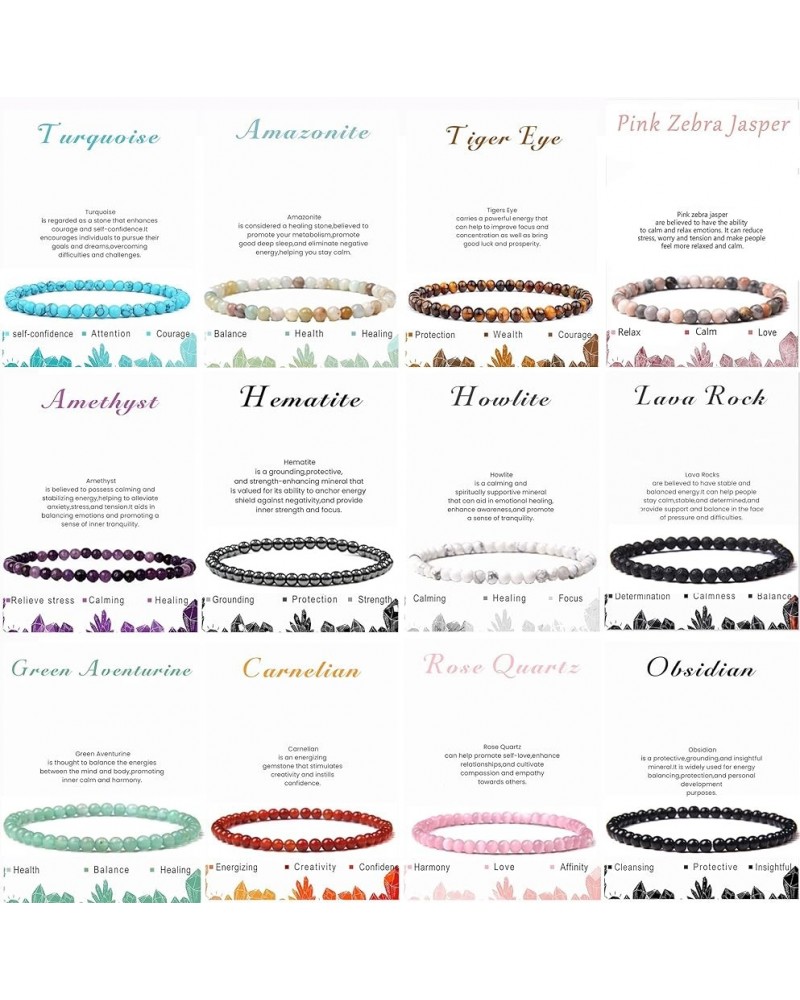 12Pcs 4mm Healing Stone Beaded Bracelets for Women Men Semi-Precious Gemstones Bracelets Crystal Beaded Bracelet Unisex Adjus...