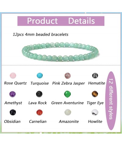 12Pcs 4mm Healing Stone Beaded Bracelets for Women Men Semi-Precious Gemstones Bracelets Crystal Beaded Bracelet Unisex Adjus...