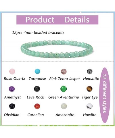 12Pcs 4mm Healing Stone Beaded Bracelets for Women Men Semi-Precious Gemstones Bracelets Crystal Beaded Bracelet Unisex Adjus...