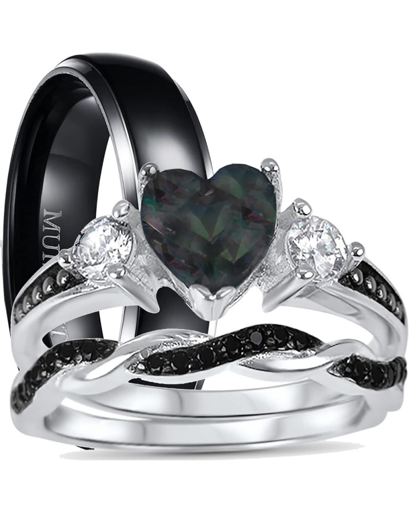 His Hers Wedding Ring Set TRIO 3 PCS Simulated Black Topaz Bridal Set Silver Black Titanium Him Her Her 11 - His 9 $40.85 Sets