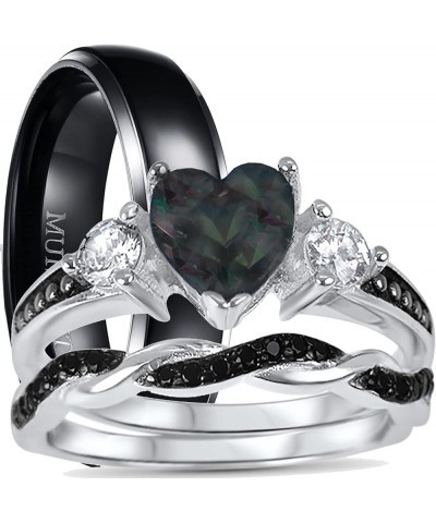 His Hers Wedding Ring Set TRIO 3 PCS Simulated Black Topaz Bridal Set Silver Black Titanium Him Her Her 11 - His 9 $40.85 Sets