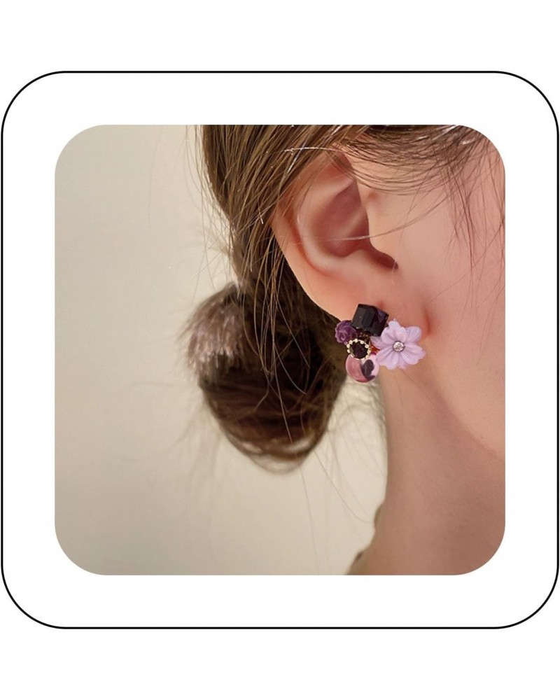 Boho Amethyst Flower Drop Earrings Vintage Purple Rhinestones Flora Petal Earrings Statement Rose Flower Studs Geometric Crys...