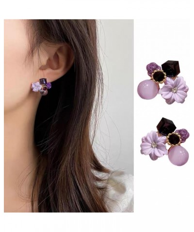 Boho Amethyst Flower Drop Earrings Vintage Purple Rhinestones Flora Petal Earrings Statement Rose Flower Studs Geometric Crys...