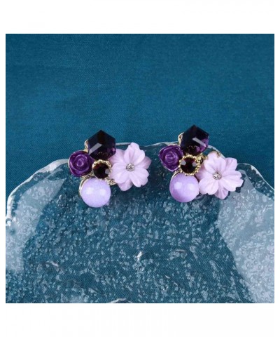 Boho Amethyst Flower Drop Earrings Vintage Purple Rhinestones Flora Petal Earrings Statement Rose Flower Studs Geometric Crys...