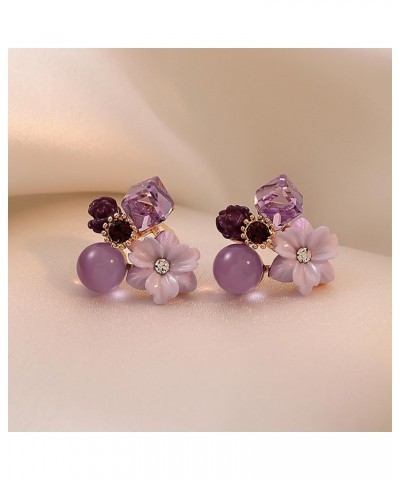 Boho Amethyst Flower Drop Earrings Vintage Purple Rhinestones Flora Petal Earrings Statement Rose Flower Studs Geometric Crys...