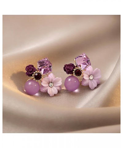 Boho Amethyst Flower Drop Earrings Vintage Purple Rhinestones Flora Petal Earrings Statement Rose Flower Studs Geometric Crys...