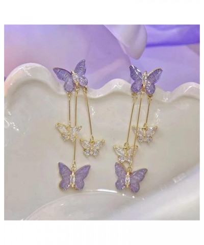 Purple Butterfly Tassel CrystalLong Drop Dangle Earrings for Women Girl Rhinestone Jewelry Gifts Charm Resin Cubic Zircon Stu...