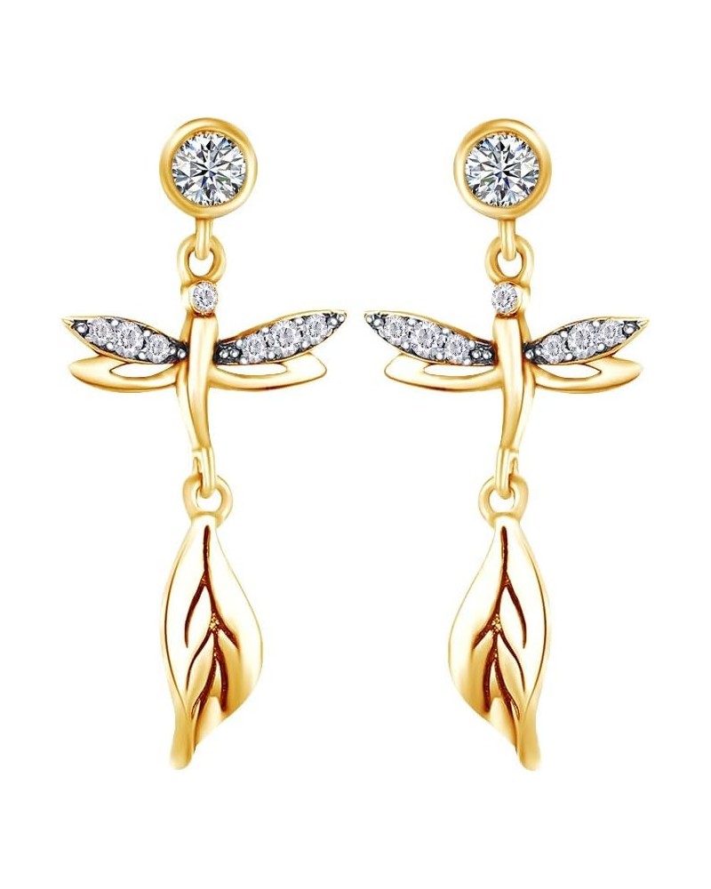 Round Cut Simulated Birthstone & White Cubic Zirconia Dragonfly Drop Earrings with Push Back Jewelry For Women In 14k Gold Ov...