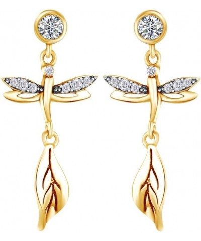 Round Cut Simulated Birthstone & White Cubic Zirconia Dragonfly Drop Earrings with Push Back Jewelry For Women In 14k Gold Ov...