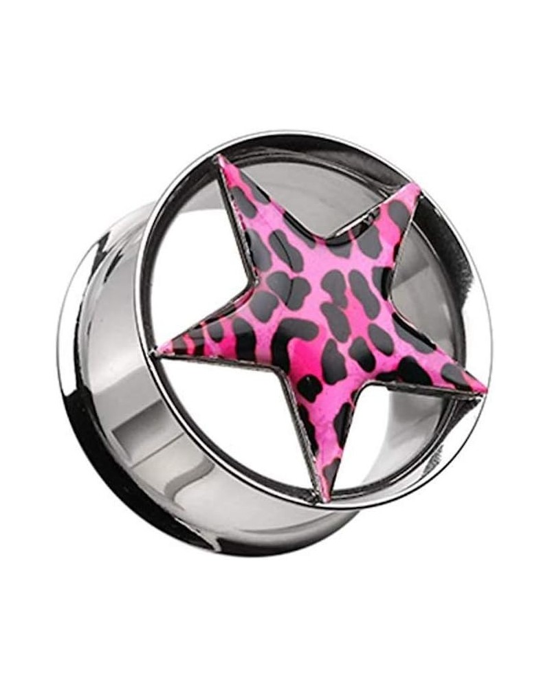 Leopard Star Hollow Double Flared Steel Ear Gauge Plug 9/16" (14mm), Pink $12.18 Body Jewelry