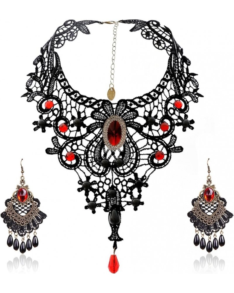 Elegant Vintage Black Lace Victorian Lolita Gothic Pendant Choker Necklace Earrings Set Red $8.83 Jewelry Sets