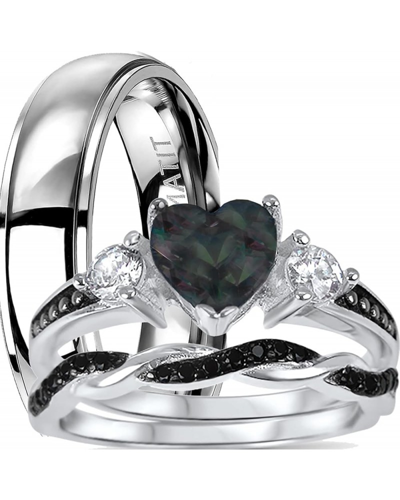 His Hers Wedding Ring Set TRIO 3 PCS Simulated Black Topaz Bridal Set Silver Black Titanium Him Her Her 12 - His 9 $49.39 Sets