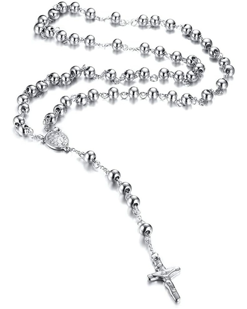 Christian Catholic Black Silver Stainless Steel Beads Crucifix Religious Long Rosary Necklace silver $9.34 Necklaces