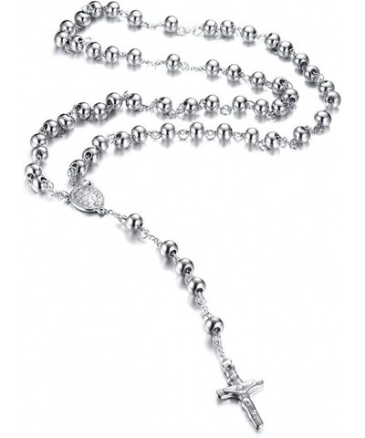 Christian Catholic Black Silver Stainless Steel Beads Crucifix Religious Long Rosary Necklace silver $9.34 Necklaces