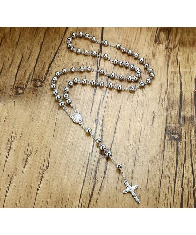 Christian Catholic Black Silver Stainless Steel Beads Crucifix Religious Long Rosary Necklace silver $9.34 Necklaces