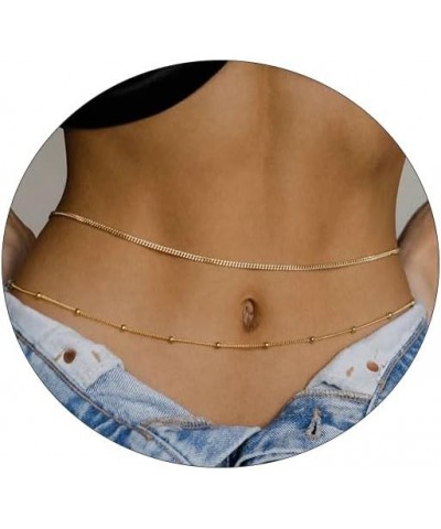 Body Chain 2PCS 14K Gold Plated Dainty Boho Waist Chain Layered Cuban Beach Belly Chain Adjustable Bikini Satellite Bead Body...