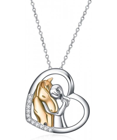 Horse Pendant Necklace Jewelry 925 Sterling Silver Girls Embrace Horse Gift For Women Girls (Horse with Girl Necklace) Gold-H...