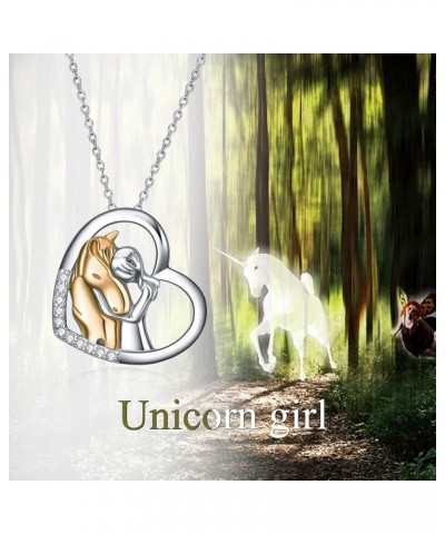 Horse Pendant Necklace Jewelry 925 Sterling Silver Girls Embrace Horse Gift For Women Girls (Horse with Girl Necklace) Gold-H...