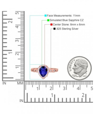 Halo Pear Shape Wedding Engagement Ring Round Simulated Cubic Zirconia 925 Sterling Silver Rose Tone, Simulated Blue Sapphire...