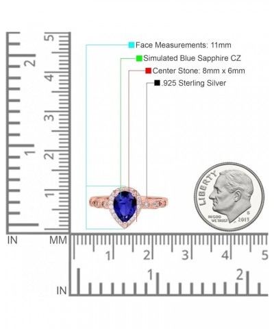 Halo Pear Shape Wedding Engagement Ring Round Simulated Cubic Zirconia 925 Sterling Silver Rose Tone, Simulated Blue Sapphire...