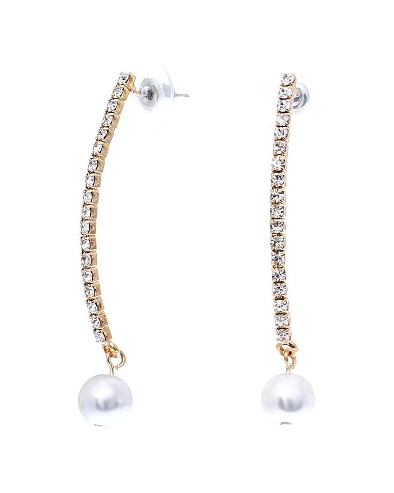 Women's Vertical Crystal Bar with Simulated Pearls Hypoallergenic Earrings Curved Gold Tone 2 $13.67 Earrings