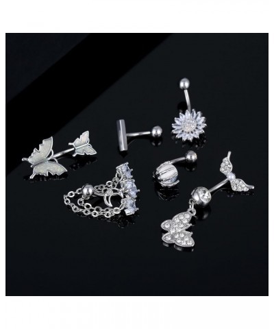 6PCS 14G Stainless Steel Dangle Belly Button Rings for Women Belly Piercing CZ Inlaid Style 7/ Steel color $9.43 Body Jewelry