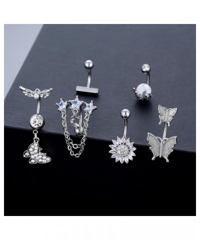 6PCS 14G Stainless Steel Dangle Belly Button Rings for Women Belly Piercing CZ Inlaid Style 7/ Steel color $9.43 Body Jewelry