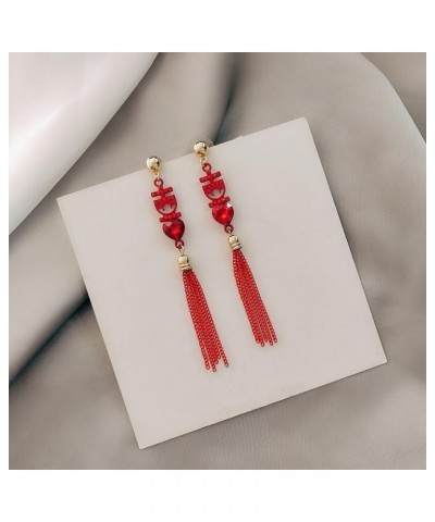 Red Tassels Wedding Statement Dangle Drop Earring S925 Sterling Silver Post for Women Girls New Year Celebration Fashion Earr...