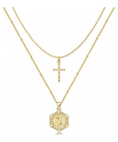 Gold Layered Initial Cross Necklace, 14K Gold Plated Layering Square Letter Pendant Figaro Chain Cross Choker from A-Z Capita...