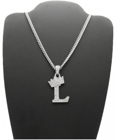 Unisex Small Size Pave Crown Tilted Initial Alphabet Letter Pendant 3mm 20" Cuban Chain Necklace in Gold, Silver Tone L - Sil...