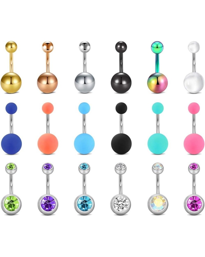 Belly Button Rings Stainless Steel 14G CZ Navel Belly Rings 3/8" 10mm Piercing Barbell Body Jewelry for Women Girls 18Pcs-Mix...