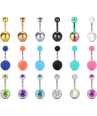 Belly Button Rings Stainless Steel 14G CZ Navel Belly Rings 3/8" 10mm Piercing Barbell Body Jewelry for Women Girls 18Pcs-Mix...