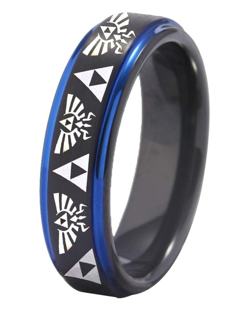 FREE Custom Engraving The Legend of Zelda Ring- Crest and Triforce Ring Black and Blue Step Tungsten Carbide Wedding Bands Ri...