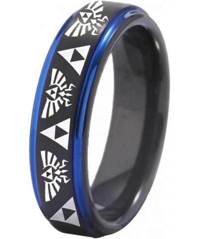 FREE Custom Engraving The Legend of Zelda Ring- Crest and Triforce Ring Black and Blue Step Tungsten Carbide Wedding Bands Ri...